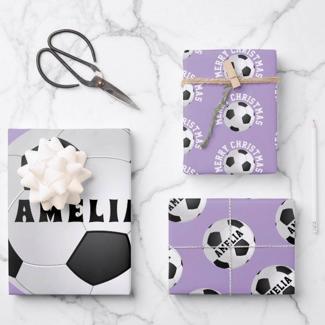 Soccer Football Balls Kids Name Purple Christmas Wrapping Paper Sheet (Front)