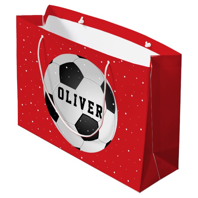 Soccer Football Balls Kids Name Red Christmas Large Gift Bag (Back Angled)