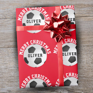 Soccer Football Balls Kids Name Red Christmas  Wrapping Paper