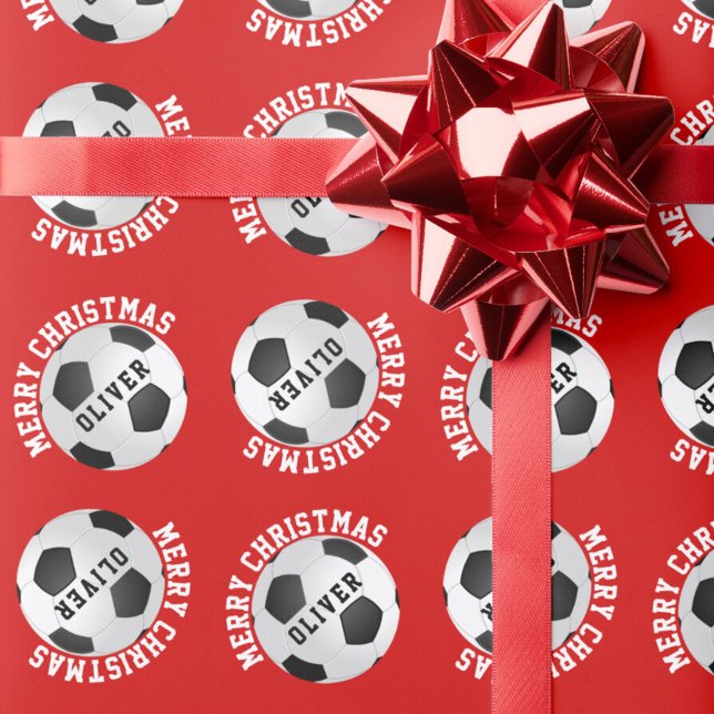Soccer Football Balls Kids Name Red Christmas Wrapping Paper (Creator Uploaded)