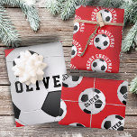 Soccer Football Balls Kids Name Red Christmas Wrapping Paper Sheet<br><div class="desc">Soccer Football Balls Kids Name Red Christmas Wrapping Paper Sheets. Personalise with your name. You can change the text Merry Christmas.</div>