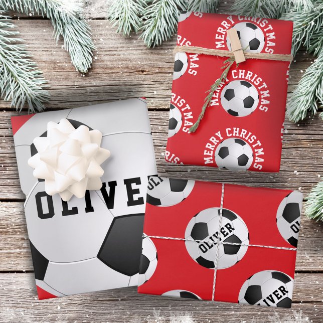 Soccer Football Balls Kids Name Red Christmas Wrapping Paper Sheet (Creator Uploaded)