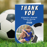 Soccer Football Coach Soccer Ball Blue Photo Thank You Card<br><div class="desc">Grey Soccer Football Coach Soccer Ball Blue Photo Thank You Card. Soccer thank you coach card with a photo in oval frame,  coach name,  team name,  year,  player`s name. Personalised photo thank you card - add your photo into the template. Great thank you card for the soccer team coach!</div>