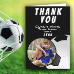 Soccer Football Coach Soccer Ball Photo Thank You Card<br><div class="desc">Black and White Soccer Football Coach Soccer Ball Photo Thank You Card. Soccer thank you coach card with a photo in oval frame, coach name, team name, year, player`s name. Personalised photo thank you card - add your photo into the template. Great thank you card for the soccer team coach!...</div>