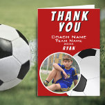 Soccer Football Coach Soccer Ball Red Photo Thank You Card<br><div class="desc">Grey Soccer Football Coach Soccer Ball Red Photo Thank You Card. Soccer thank you coach card with a photo in oval frame,  coach name,  team name,  year,  player`s name. Personalised photo thank you card - add your photo into the template. Great thank you card for the soccer team coach!</div>