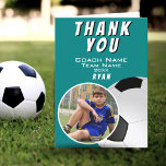 Soccer Football Coach Soccer Ball Teal Photo  Thank You Card<br><div class="desc">Grey Soccer Football Coach Soccer Ball Teal Photo Thank You Card. Soccer thank you coach card with a photo in oval frame,  coach name,  team name,  year,  player`s name. Personalised photo thank you card - add your photo into the template. Great thank you card for the soccer team coach!</div>