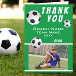 Soccer Football Green Sports Thank you Coach  Card<br><div class="desc">Soccer Football Green Sports Thank you Coach Card. Soccer thank you coach card with photo, thank you text, coach name, team name, year, your name and soccer balls. Inside the card are more soccer balls. Photo thank you card - add your photo into the template. Personalize the card with names...</div>