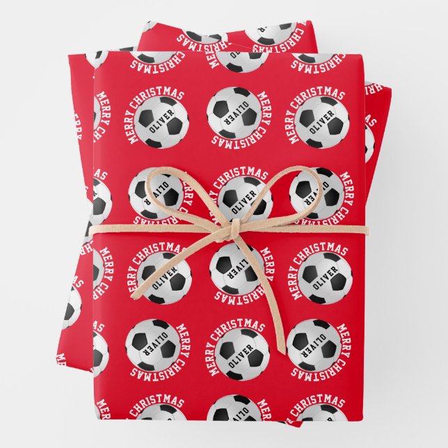 Soccer Football Kids Name Sports Merry Christmas Wrapping Paper Sheet (In situ)