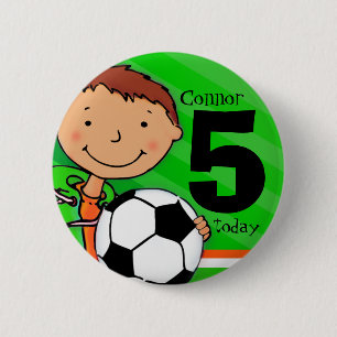 Soccer / football name age 5 green button / badge