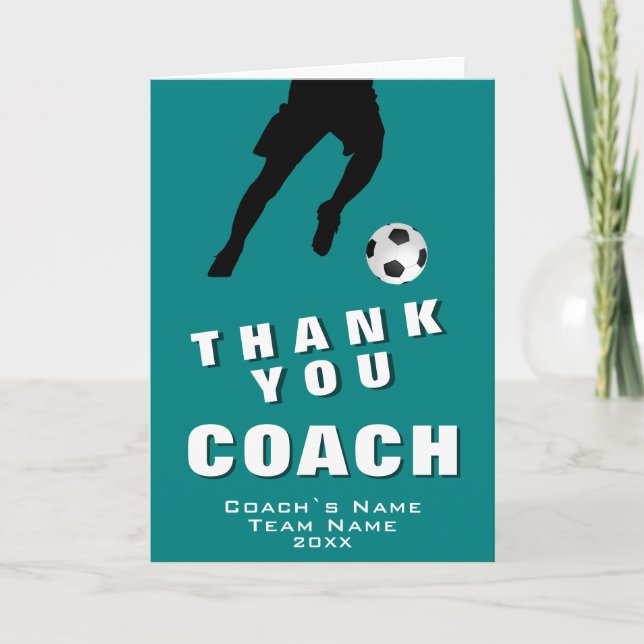 Soccer Football Player Teal Thank you Coach Card (Front)