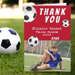Soccer Football Red Thank you Coach Photo Card<br><div class="desc">Red Soccer Football Sports Thank you Coach Card with a Photo. Soccer thank you coach card with photo, thank you text, coach name, team name, year, your name and soccer balls. Inside the card are more soccer balls. Photo thank you card - add your photo into the template. Personalise the...</div>