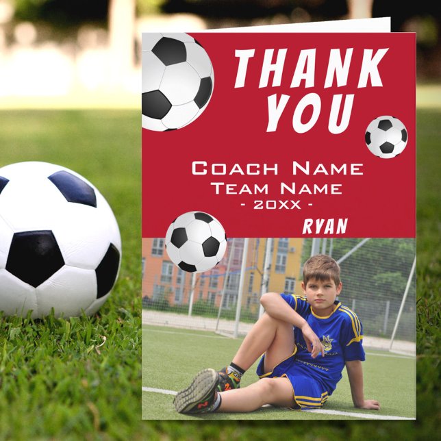 Soccer Football Red Thank you Coach Photo Card (Creator Uploaded)