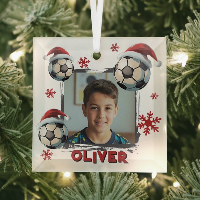 Soccer Football Santa Hat Name Photo Christmas  Glass Tree Decoration (Insitu)
