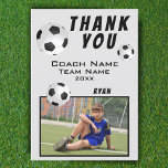 Soccer / Football Thank you Coach Photo Card<br><div class="desc">Soccer / Football Sports Thank you Coach Photo Card. Soccer / football thank you coach card with photo, thank you text, coach name, team name, year, your name and soccer balls. On the backside are more soccer balls. Photo thank you card - add your photo into the template. Personalise the...</div>
