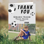 Soccer Football Thank you Coach Photo Card<br><div class="desc">Soccer Football Sports Thank you Coach Card with a Photo. Soccer thank you coach card with photo, thank you text, coach name, team name, year, your name and soccer balls. Inside the card are more soccer balls. Photo thank you card - add your photo into the template. Personalize the card...</div>