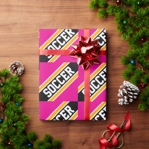 SOCCER Fun Sporty Bright Pink Black Racing Stripes Wrapping Paper