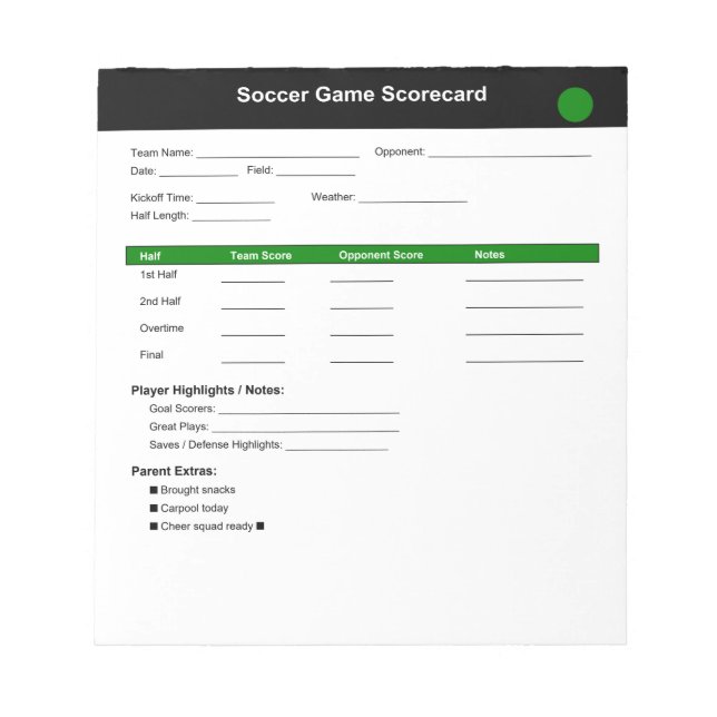 Soccer Game Scorecard  Notepad (Front)