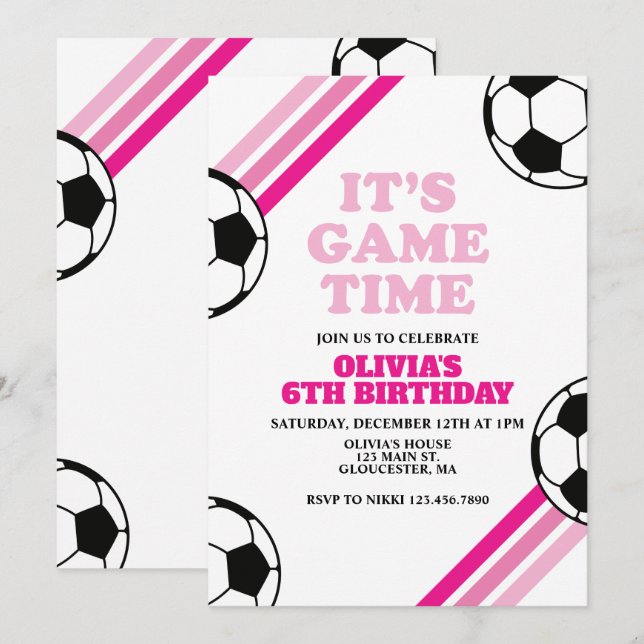 Soccer Game Time Pink Stripe Birthday Invitation (Front/Back)