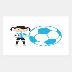 Soccer Girl 2 and Ball Blue and White Stripes Rectangular Sticker