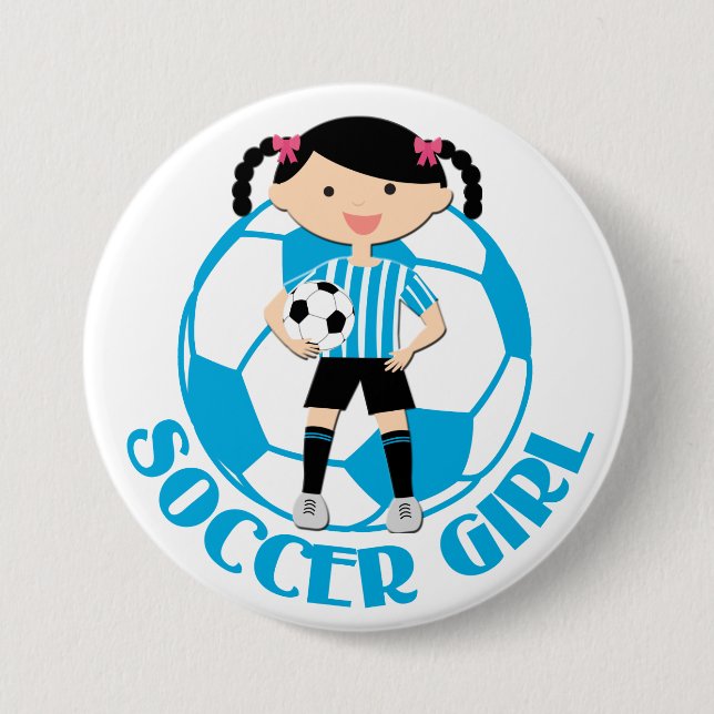 Soccer Girl 2 Ball Blue and White Stripes v2 7.5 Cm Round Badge (Front)