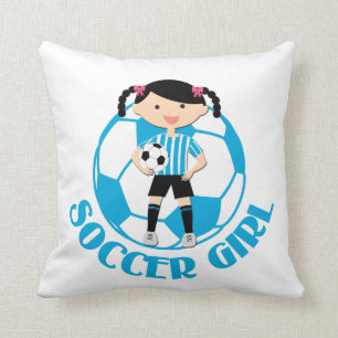 Soccer Girl 2 Ball Blue and White Stripes v2 Cushion