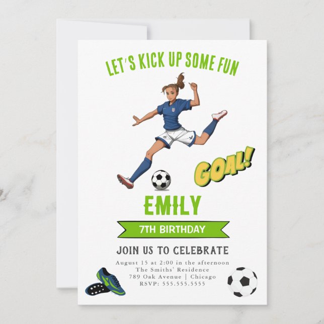 Soccer Girl birthday invitation (Front)