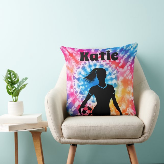 Soccer Girl Personalised Tie-Dye Rainbow Aquarelle Cushion (Chair)