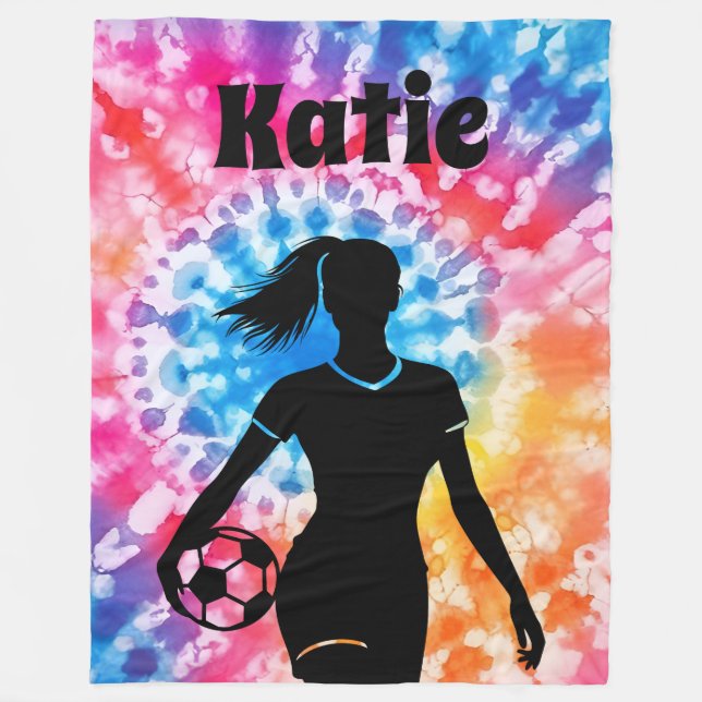 Soccer Girl Personalised Tie-Dye Rainbow Aquarelle Fleece Blanket (Front)