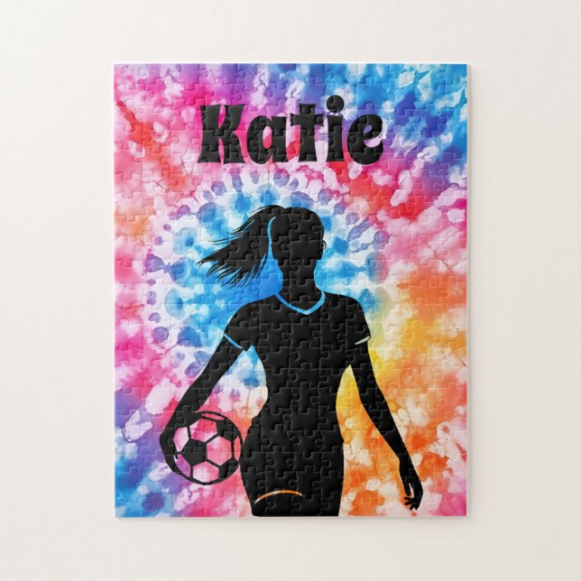 Soccer Girl Personalised Tie-Dye Rainbow Aquarelle Jigsaw Puzzle (Vertical)