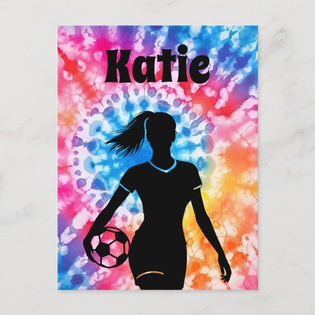 Soccer Girl Personalised Tie-Dye Rainbow Aquarelle Postcard (Front)