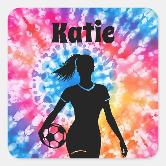 Soccer Girl Personalised Tie-Dye Rainbow Aquarelle Square Sticker (Front)