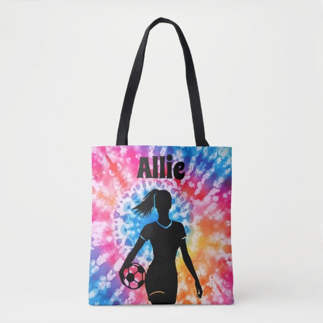 Soccer Girl Personalised Tie-Dye Rainbow Aquarelle Tote Bag (Front)