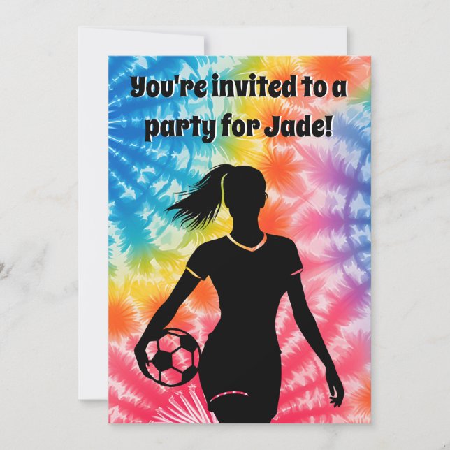 Soccer Girl Personalised Tie-Dye Rainbow Birthday Invitation (Front)
