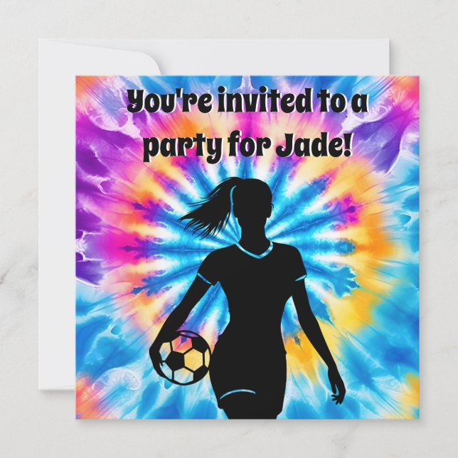 Soccer Girl Personalised Tie-Dye Rainbow Birthday Invitation (Front)