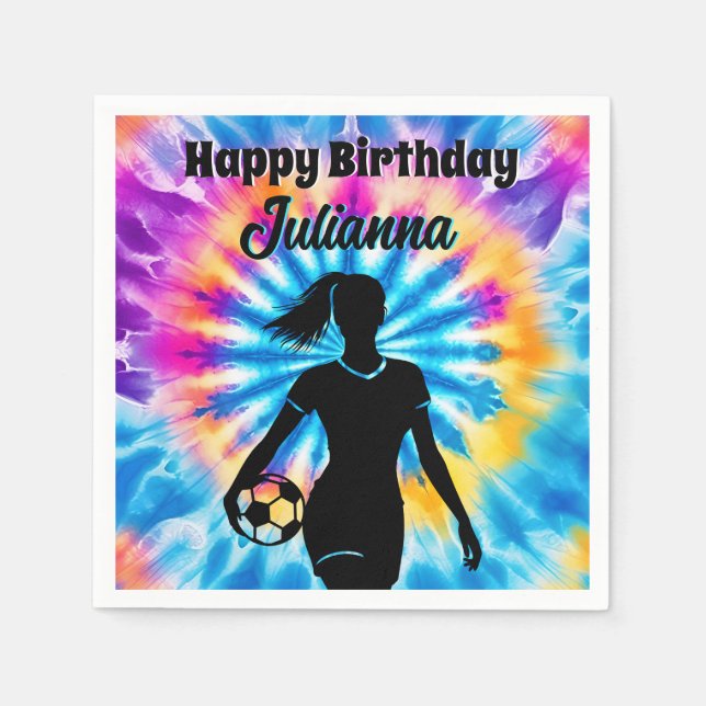 Soccer Girl Personalised Tie-Dye Rainbow Birthday Napkin (Front)
