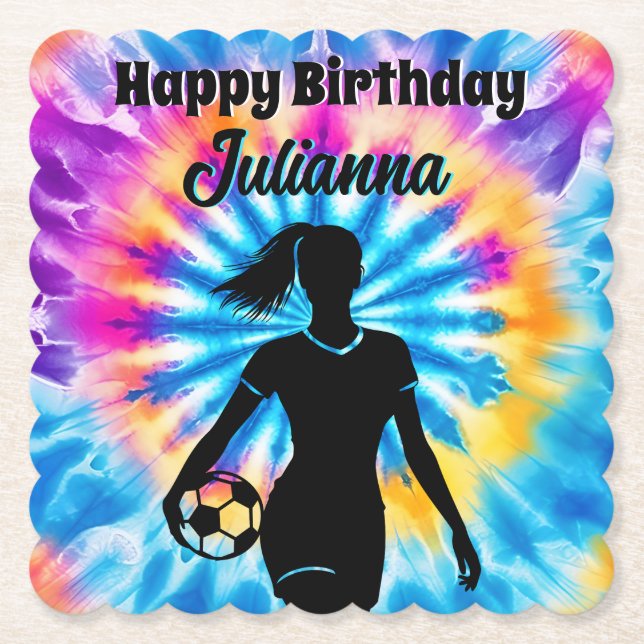 Soccer Girl Personalised Tie-Dye Rainbow Birthday Paper Coaster (Front)