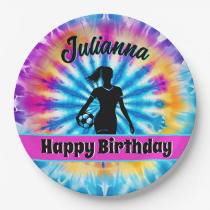 Soccer Girl Personalised Tie-Dye Rainbow Birthday Paper Plate