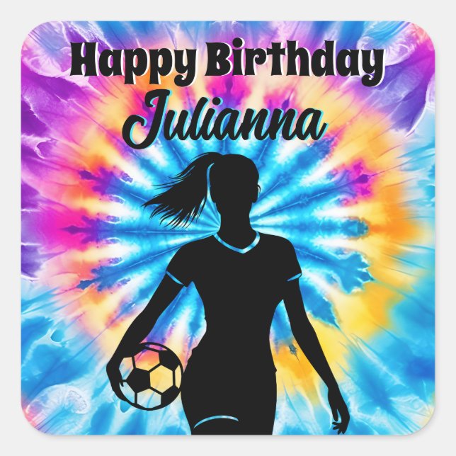 Soccer Girl Personalised Tie-Dye Rainbow Birthday Square Sticker (Front)