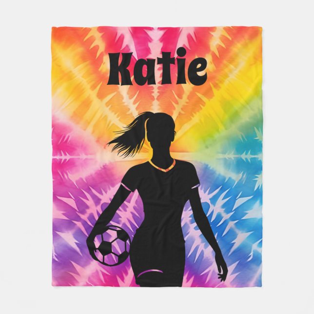 Soccer Girl Personalised Tie-Dye Rainbow Burst Fleece Blanket (Front)