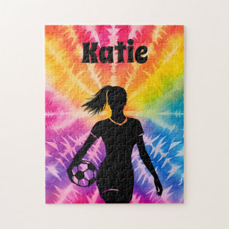 Soccer Girl Personalised Tie-Dye Rainbow Burst Jigsaw Puzzle