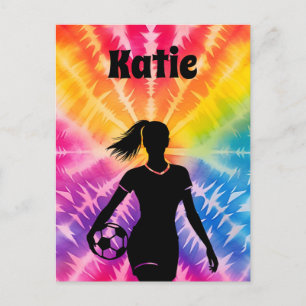 Soccer Girl Personalised Tie-Dye Rainbow Burst Postcard