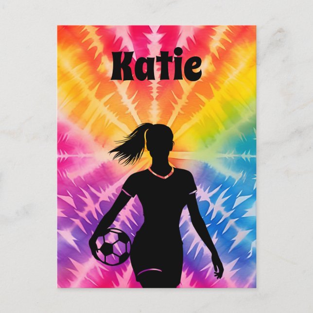 Soccer Girl Personalised Tie-Dye Rainbow Burst Postcard (Front)
