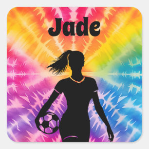 Soccer Girl Personalised Tie-Dye Rainbow Burst Square Sticker
