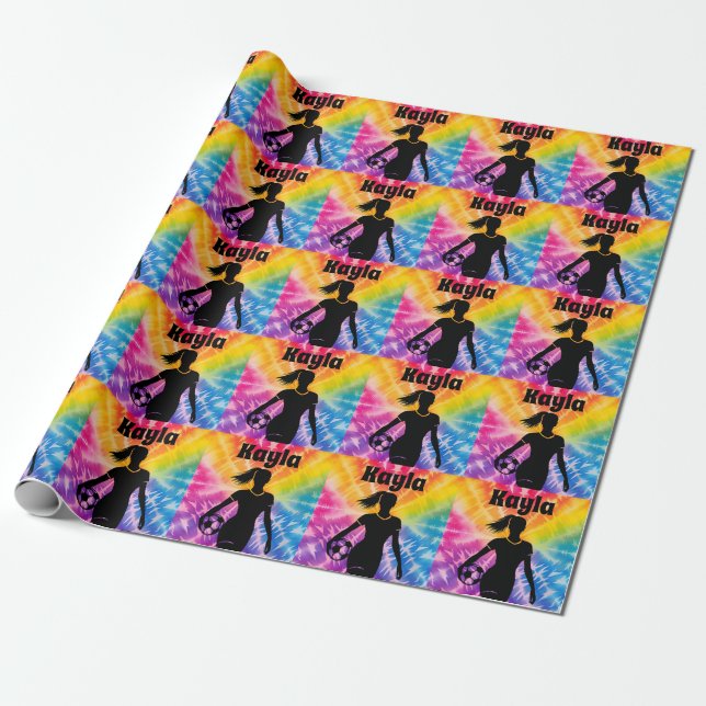Soccer Girl Personalised Tie-Dye Rainbow Burst Wrapping Paper (Unrolled)