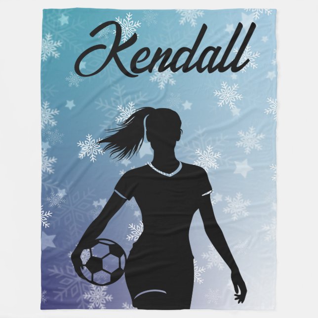 Soccer Girl Personalised Winter Ombre Snowflake Fleece Blanket (Front)