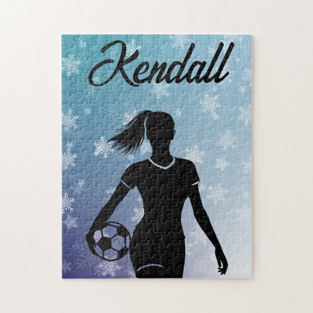 Soccer Girl Personalised Winter Ombre Snowflake Jigsaw Puzzle (Vertical)