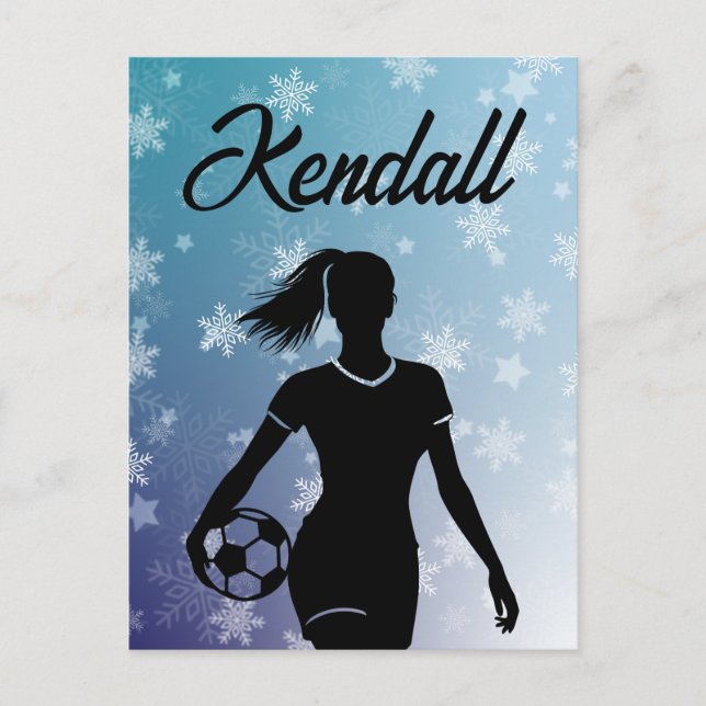 Soccer Girl Personalised Winter Ombre Snowflake Postcard (Front)