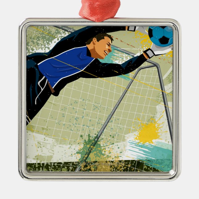 Soccer goalie blocking ball metal tree decoration (Front)