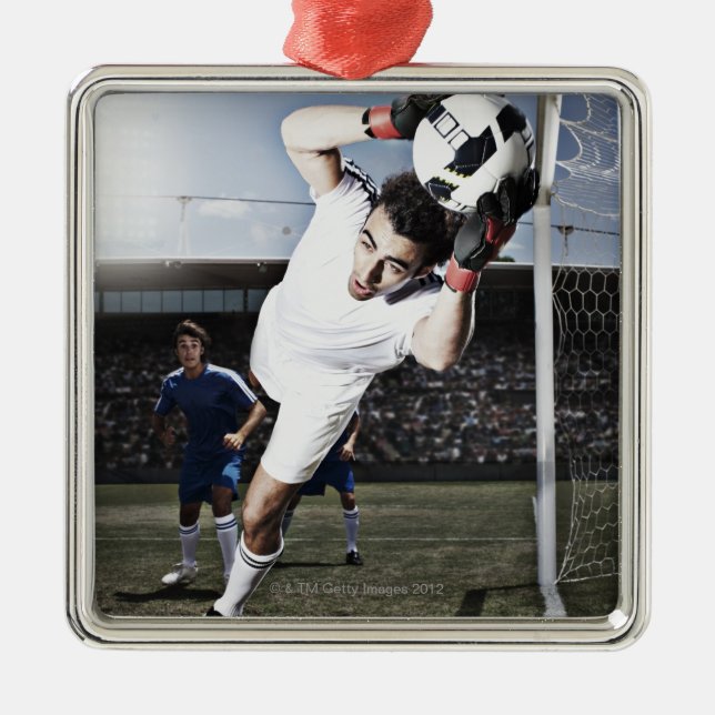 Soccer goalie catching soccer ball metal tree decoration (Front)