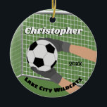 Soccer Goalie Ceramic Tree Decoration<br><div class="desc">A keepsake ornament for the soccer or football athlete. Use the customise feature to change the background and text colour or text style.  Original design by Night Owl's Menagerie,  2016.</div>